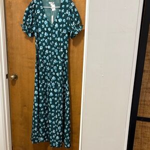 549. Outer known Teal Floral V-Neck Puff Sleeve Maxi Dress